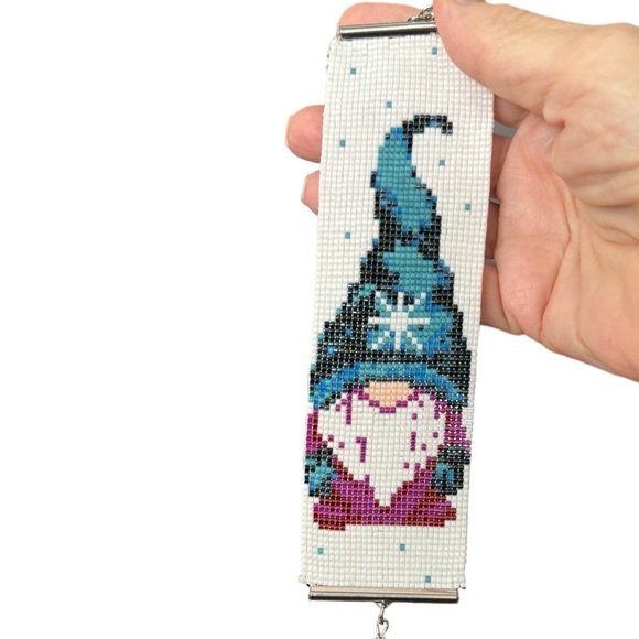 Hand crafted beaded loom cuff winter gnome bracelet adjustable 7” to 9” - Picture 3 of 5